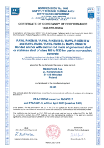 Ancora chimica universala pentru instalare in beton si zidarie Rawlplug R-KEM II - Certificat de constatare a performantei - certificat
