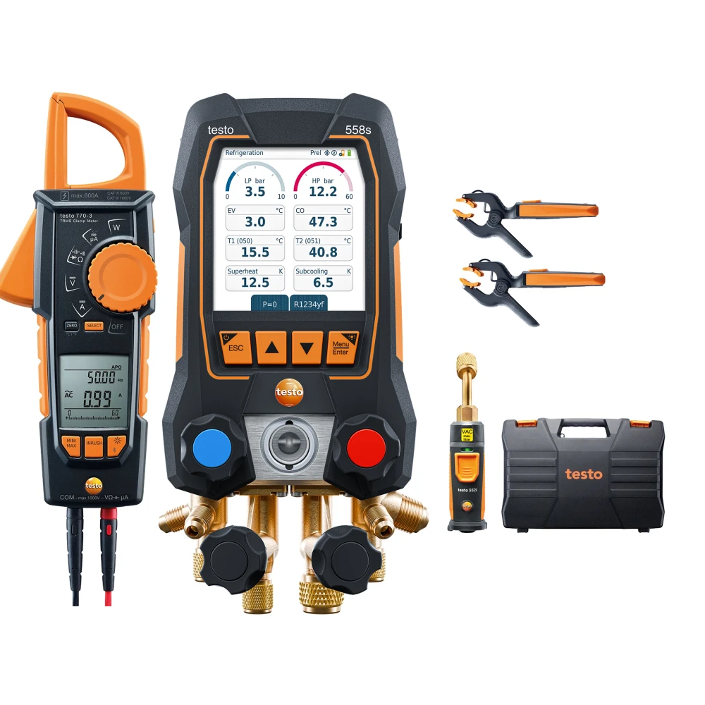 Manifold digital inteligent cu cleste ampermetric si sonde wireless de temperatura si vacuum testo 558s Set Vacuum cu cleste ampermetric