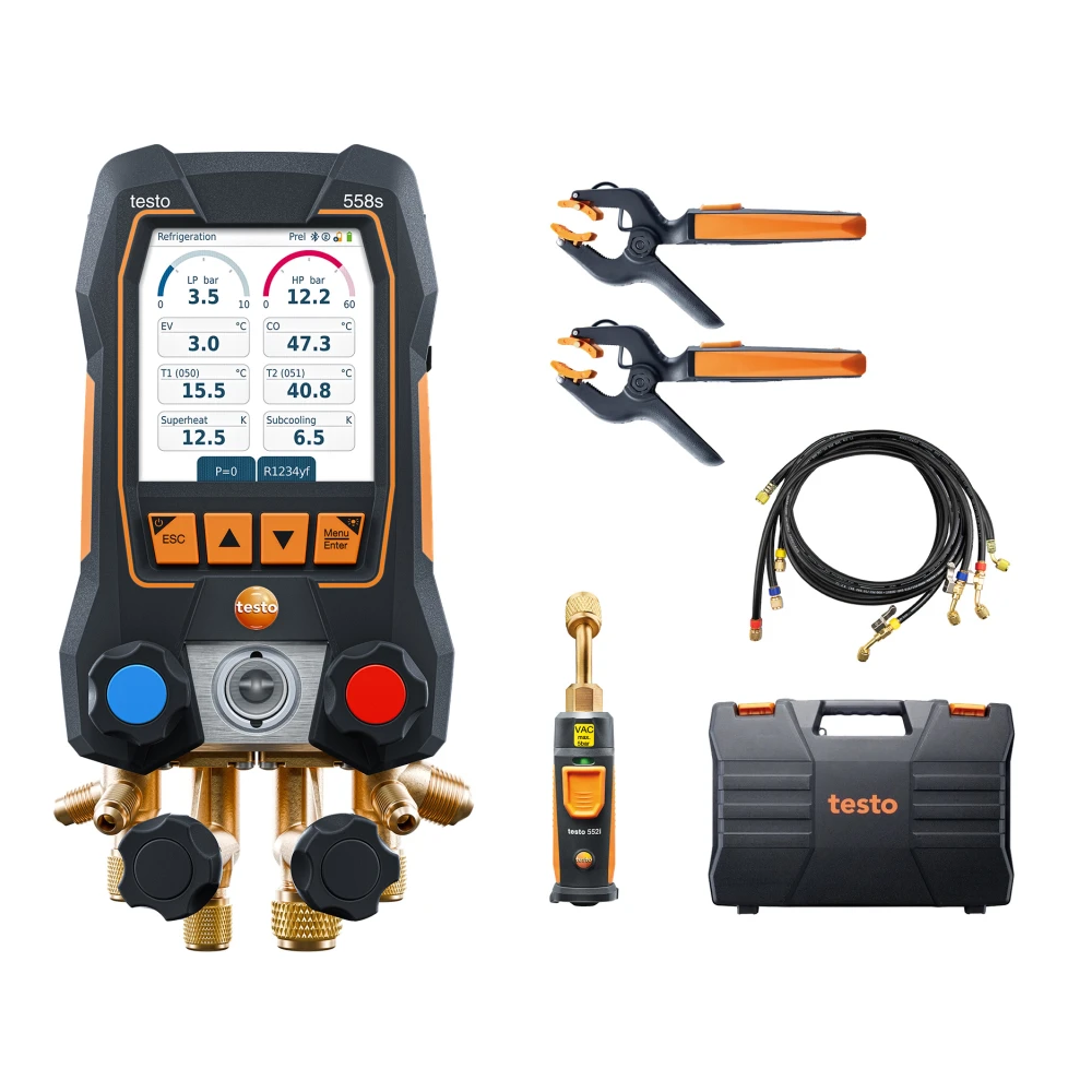 Manifold digital inteligent cu sonde de temperatura si vacuum wireless si set de incarcare cu 4 furtunuri testo 558s Set Vacuum Smart cu furtunuri