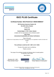 Sistem de tevi sustenabile pe baza de biomateriale UPONOR Pex Pipe Blue<br>Certificat ISCC PLUS - certificat